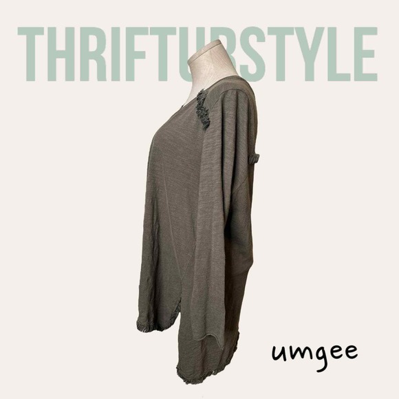 Umgee Tunic Top Olive Green Long Sleeve Fringed Hem Detail Casual Comfy - Picture 2 of 6